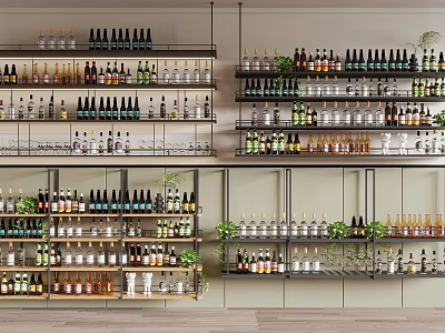 Wine Cabinet With Multi Tiered Shelves Filled With Wine Bottles Glasses And Green Plant Decor 3d model