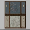 Chinese Traditional Wall Decor with Blue Plum Bird White Bamboo Symmetric Lamps and Wooden Frames