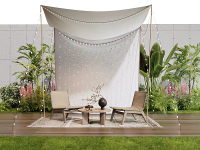 Scenic Outdoor Garden Landscape With White Canopy String Lights Green Plants And Wooden Deck 3d model