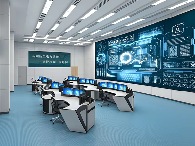 Modern Control Room Featuring Large Digital Screens Multiple Computer Monitors High Tech Interface And Workstations 3d model