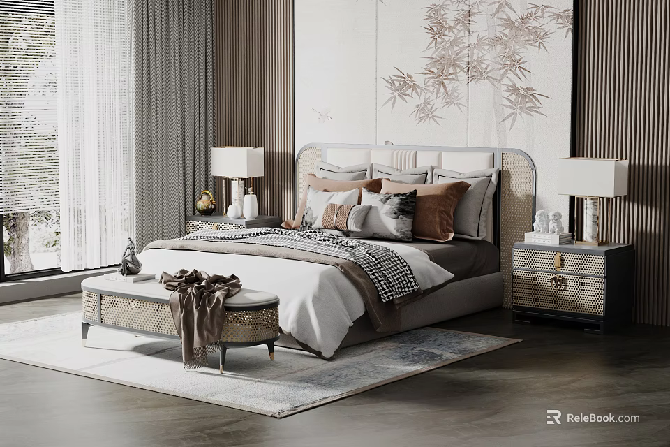 Elegant Double Bed Bedroom Interior With Bamboo Painting Nightstand Table Lamp And Soft Rug 3d model 