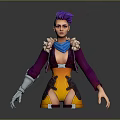 Game Movie Character With Purple Hair Blue Scarf Metallic Arm Orange Shorts Kneeling Pose