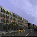 Modern Pedestrian Commercial Street With Shops Balconies Store Signs And Stone Pavement