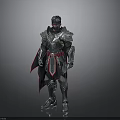 Armored Fantasy Warrior In Silver Black Armor With Red Accents And Cape