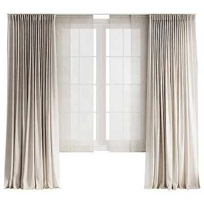Beige Linen Curtains With Sheer Panels For Double Windows Flowing Design Home Interior 3d model