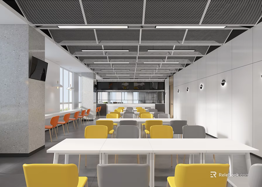Modern Cafeteria Interior With Yellow Gray Chairs White Tables And Grid Ceiling 3d model