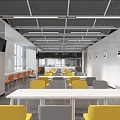 Modern Cafeteria Interior With Yellow Gray Chairs White Tables And Grid Ceiling 3d model