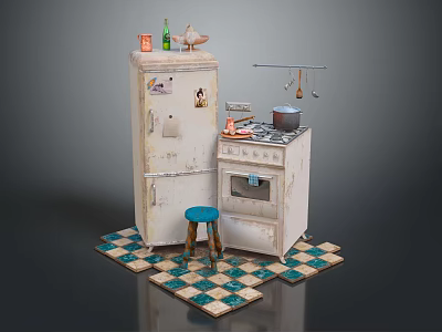 3D Computer Model Of Kitchen Scene With Old Refrigerator Stove Blue Stool Checkered Tiles 3d model