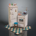 3D Computer Model Of Kitchen Scene With Old Refrigerator Stove Blue Stool Checkered Tiles
