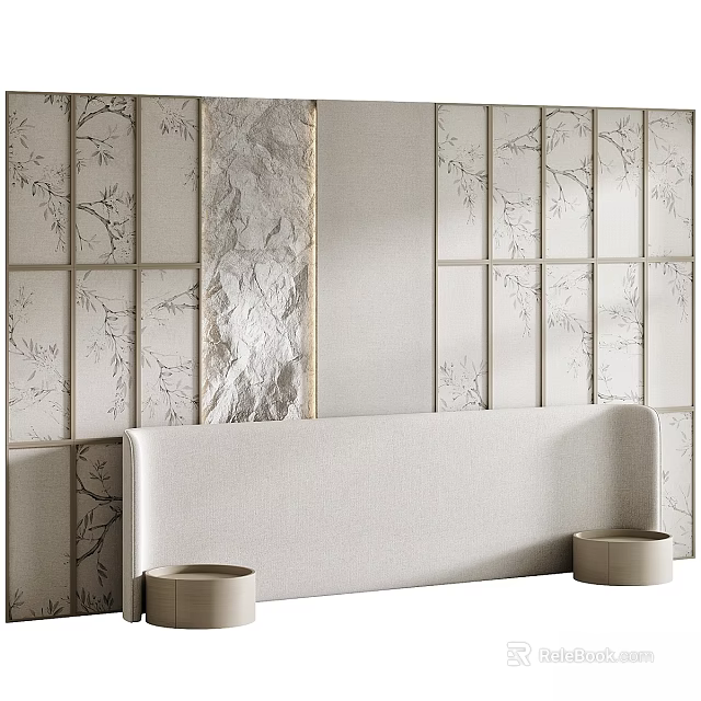 Modern Bedroom Accent Wall Design With Panel Branches Pattern And Central Marble Insert 3d model
