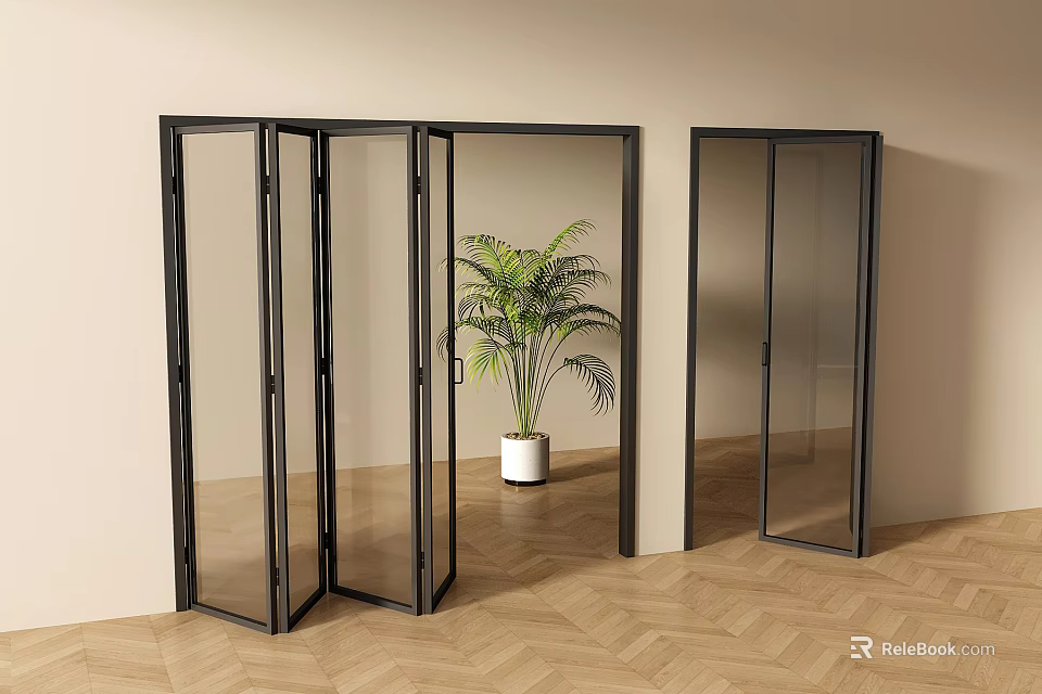 Modern Black Frame Glass Folding Doors Open And Closed With Green Plant In Light Room 3d model 