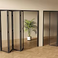 Modern Black Frame Glass Folding Doors Open And Closed With Green Plant In Light Room