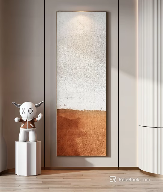 Modern Interior Decor With White Figurine And Long Abstract Beige Brown Painting 3d model 