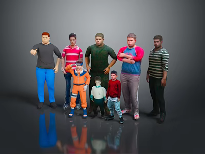 Group of Diverse Characters Including Adults and Children in Various Clothing Styles Standing Together 3d model