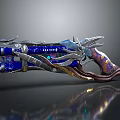 Decorative Fantasy Weapon with Blue Silver Dragon Themed Design Glowing Accents and Intricate Mechanical Structure