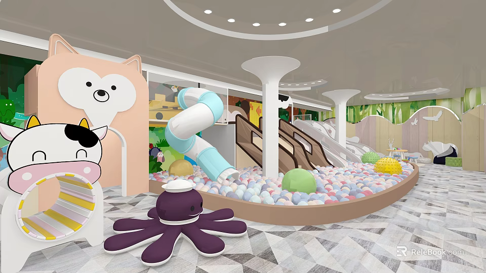 Kindergarten Indoor Playground with Slide Ball Pit Octopus Toy and Cartoon Decorations 3d model 