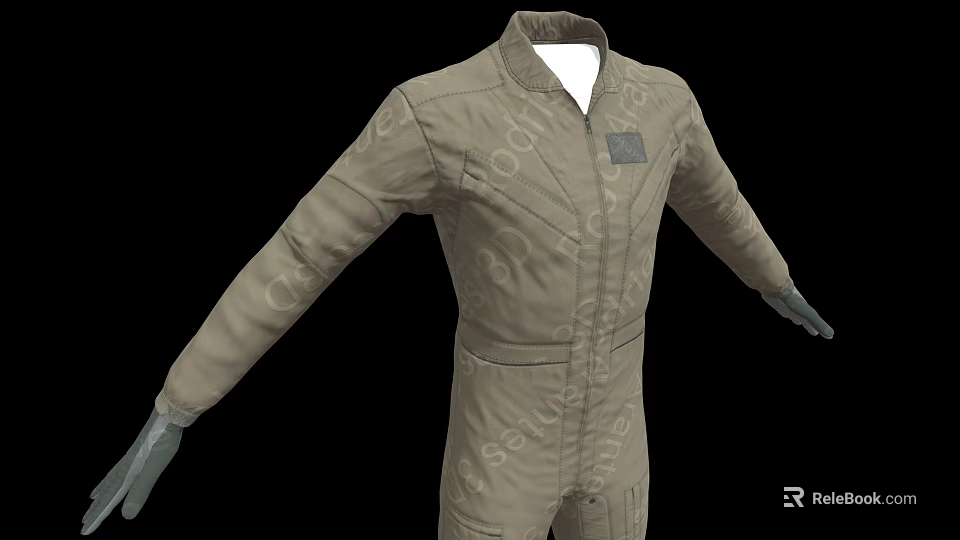 Khaki Long Sleeve Jumpsuit With Text Patterns And Pocket Design 3d model 