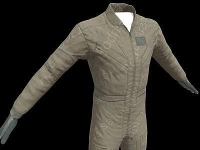 Khaki Long Sleeve Jumpsuit With Text Patterns And Pocket Design 3d model
