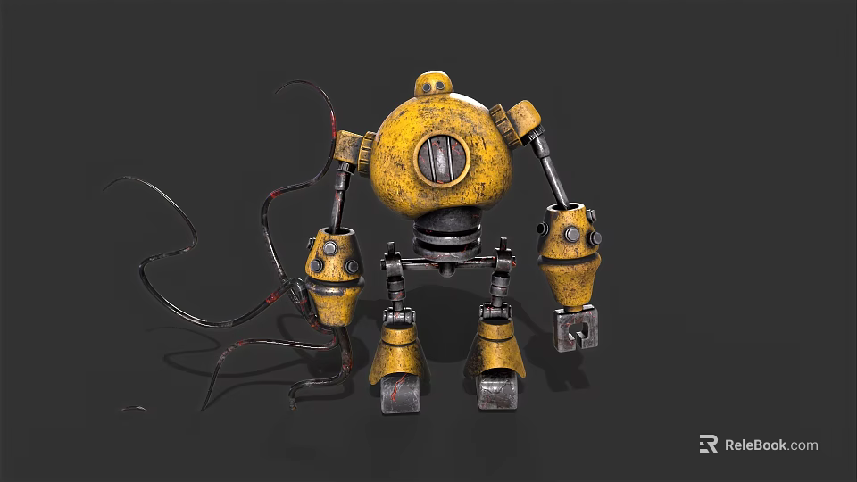Yellow Vintage Game Movie Character With Metallic Body And Worn Mechanical Parts 3d model 