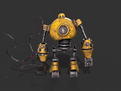 Yellow Vintage Game Movie Character With Metallic Body And Worn Mechanical Parts 3d model