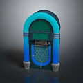 Vintage Jukebox With Arched Top Teal Blue Gradient Grid Door And Base Columns