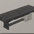Rustic Black Wooden Bench With Stone Support And Natural Wood Texture 3d model