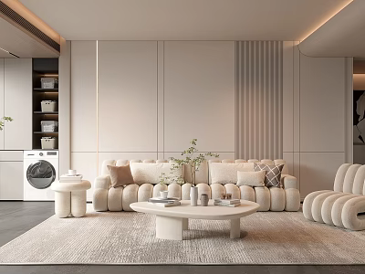 Elegant Modern Living Room Interior With Beige Sofa Round Coffee Table And Light Gray Rug 3d model