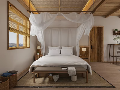 Minimalist Hotel Room Interior With White Canopy Bed Wooden Ceiling And Bamboo Blinds 3d model