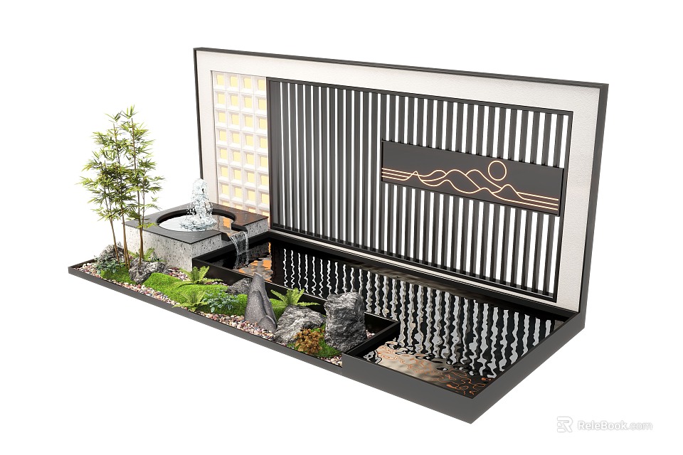 Contemporary Scenic Wall Landscape With Striped Grilles Mountain Art Water Fountain And Green Plants 3d model 