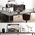 Modern Office Desk With Computer Desk Lamp Coffee Cup Wall Art And Green Plants