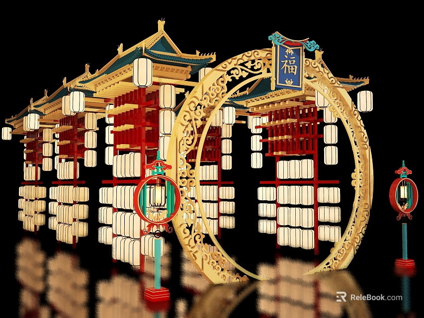 Chinese Traditional Architectural Decor With Circular Arch Red Lanterns And Fu Plaque 3d model 