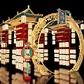 Chinese Traditional Architectural Decor With Circular Arch Red Lanterns And Fu Plaque