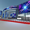 Futuristic Event Stage With Large Screens Blue Purple Lighting Metal Frames And Central Platform Design