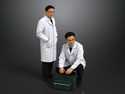 Two Doctors In White Coats Standing And Kneeling With Green Medical Bag 3d model