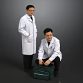 Two Doctors In White Coats Standing And Kneeling With Green Medical Bag