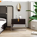 Modern Bedroom Nightstand With Black Cabinet Metal Frame Small Statue Vase Decorative Lamp And Plant