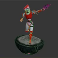 Red Armor Game Movie Character Holding Gun Standing on Snow Covered Circular Platform