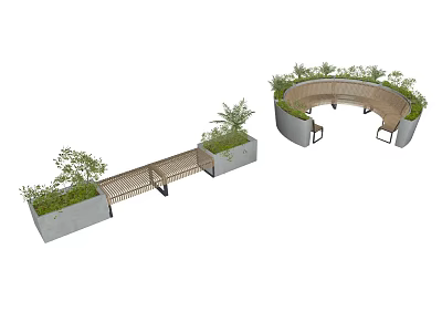 Outdoor Chair Setup With Circular Greenery Planter And Linear Wooden Structure 3d model