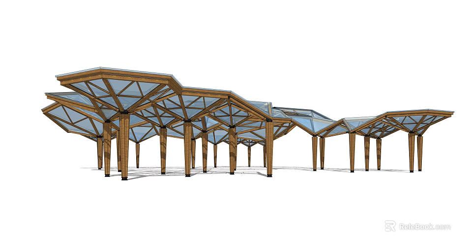 Modern Wooden Pergola Structure With Glass Roof And Support Columns Design 3d model 