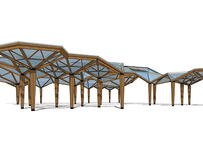 Modern Wooden Pergola Structure With Glass Roof And Support Columns Design 3d model