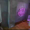 Interior Scene with Gray Walls Purple Neon Geometric Pattern White Chairs Wooden Floor and Window
