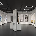 Art Gallery Exhibition Hall With Paintings On White Walls Square Lights And Dark Floor