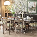 Classic Dining Table And Chairs With Floral Wallpaper Wooden Floor Teapot Vase And Painting
