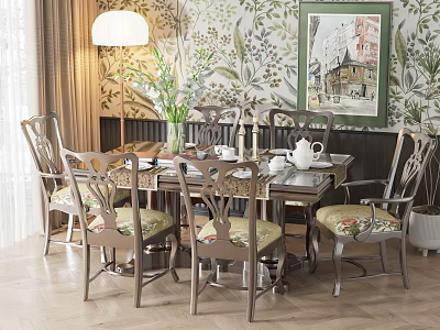 Classic Dining Table And Chairs With Floral Wallpaper Wooden Floor Teapot Vase And Painting 3d model