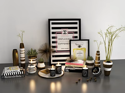 Stylish Decorative Ornament Set With Chanel Accents Black White Stripes Candles Vases And Plant Decor 3d model