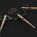 Three Vintage Crossbows With Wooden Handles Metallic Frames And Colorful Arrows