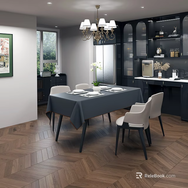 Elegant Dining Table With Gray Tablecloth White Chairs Tableware White Flowers And Wooden Floor Chandelier 3d model 