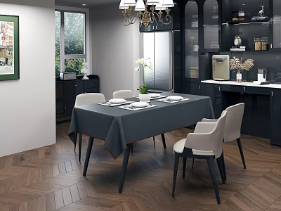 Elegant Dining Table With Gray Tablecloth White Chairs Tableware White Flowers And Wooden Floor Chandelier 3d model
