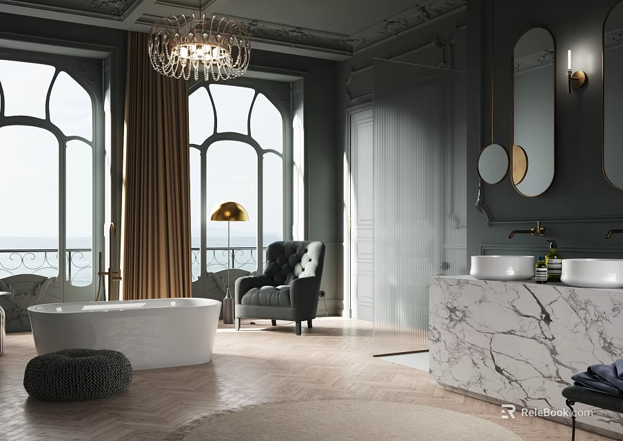 Gray Bathroom With Chandelier Arched Windows Marble Double Sinks Bathtub Armchair Round Mirrors And Rug 3d model 