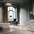Gray Bathroom With Chandelier Arched Windows Marble Double Sinks Bathtub Armchair Round Mirrors And Rug